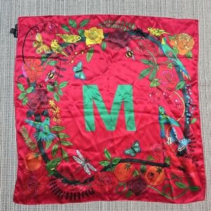 Karen Mabon Anthropologie 100% Silk Scarf Red Flora and Fauna Print Monogram "M"